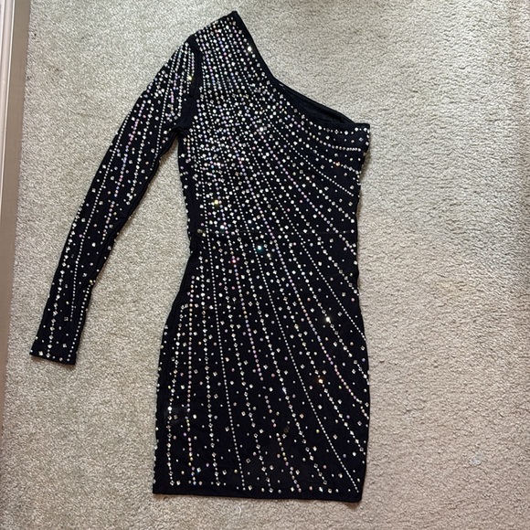 Fashion Nova one shoulder black sexy dress with rhinestones and zippers - Picture 3 of 3